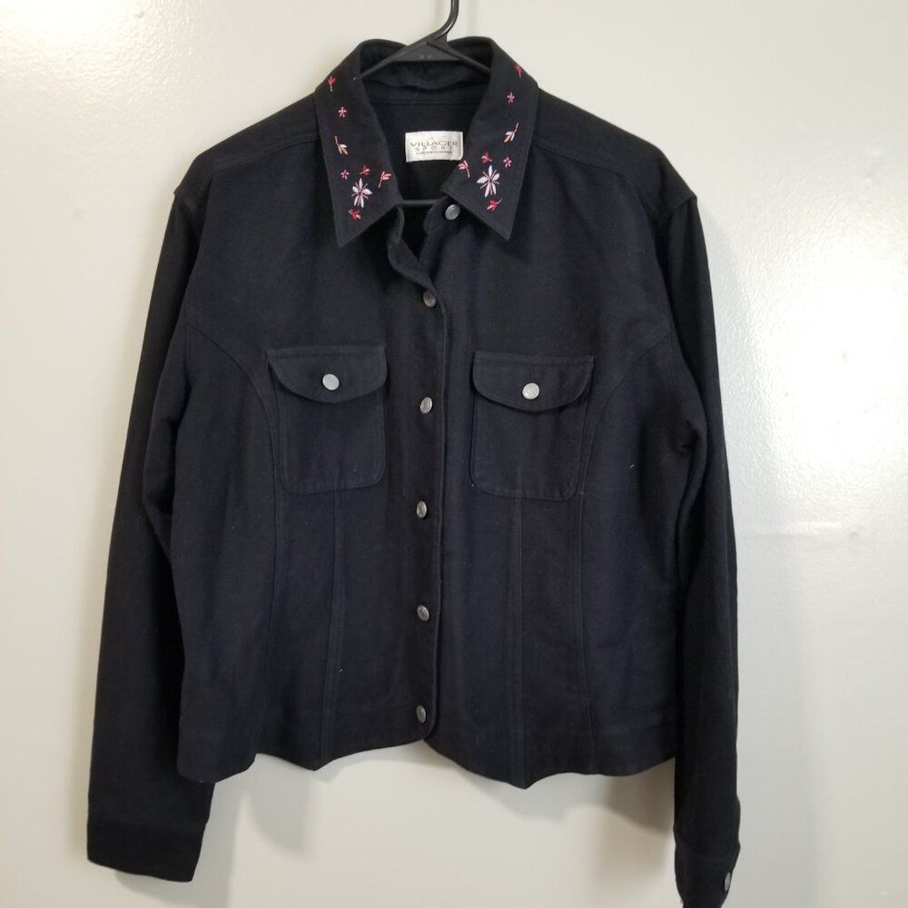 Villager Sport Jacket Lightweight Floral Embroidery Black Women's XL